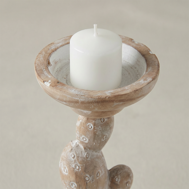 Handcrafted Wood Cactus Candle Holder - Whitewashed Rustic Boho Candlestick for Table, Shelf & Mantel