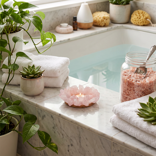 Candle tray on marble bathtub counter