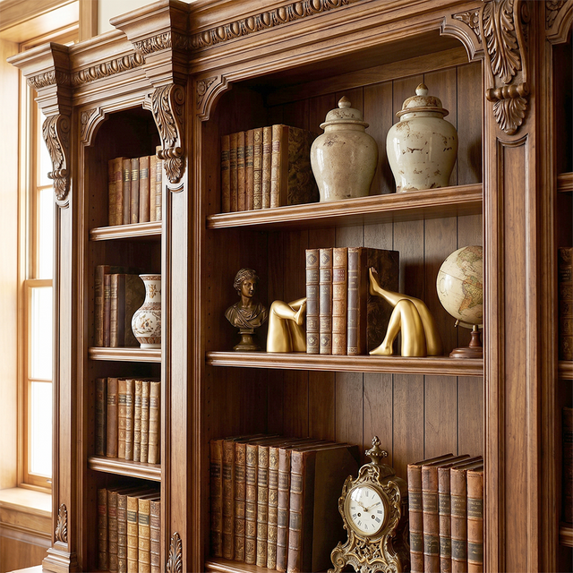 Carved bookshelf golden bookends vintage decor