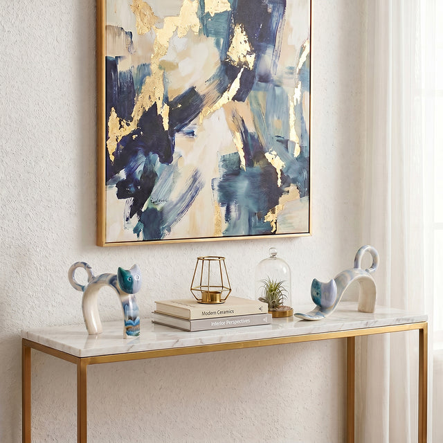 Hand-Painted Ceramic Cat Figurine, Abstract Blue & Ivory Drip-Glaze Sculpture, Modern Decorative Accent for Bookshelf, Console & Mantel
