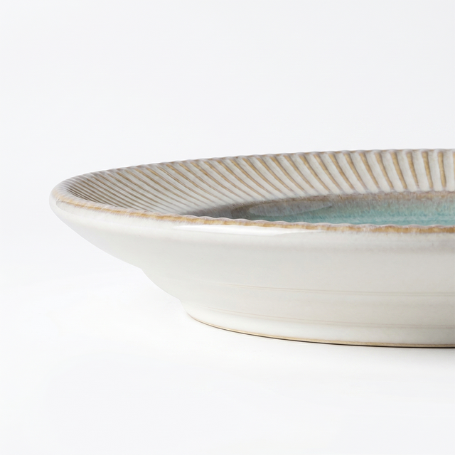 Handcrafted Ceramic Plates Set of 2 — Embossed Sunburst Rim & Reactive Celadon Glaze | Lead-Free Porcelain | 8.9″ & 11.2″