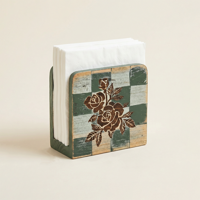 Checkered rose wooden napkin holder