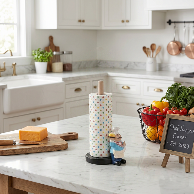 Chef paper holder on white kitchen island