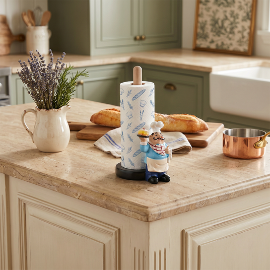 Chef paper stand on stone kitchen worktop