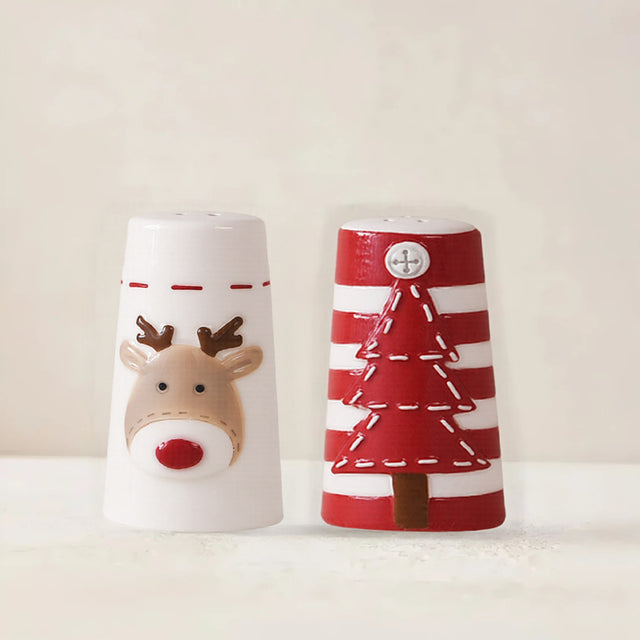 Christmas Ceramic Salt and Pepper Shakers Set Embossed Spice Jars 081105