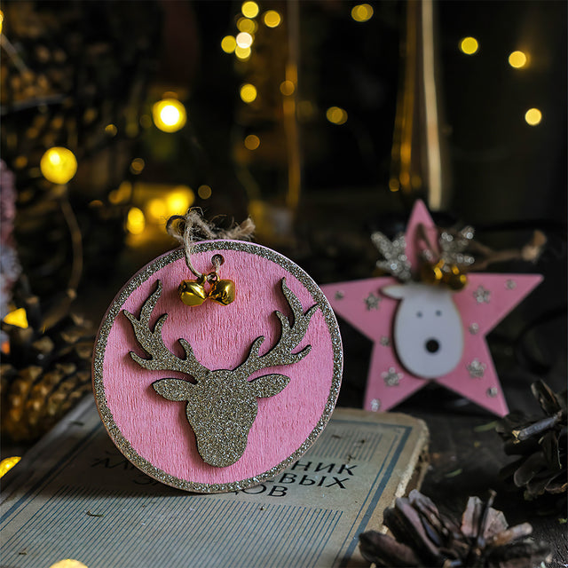 Christmas Tree Pink Wooden Christmas Deer Pet Pendant Details 3 081341