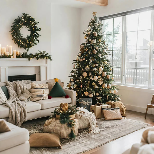 Christmas Triangular Shaped Throw Pillow with Pom Poms Besides The Beige Pillow 081443