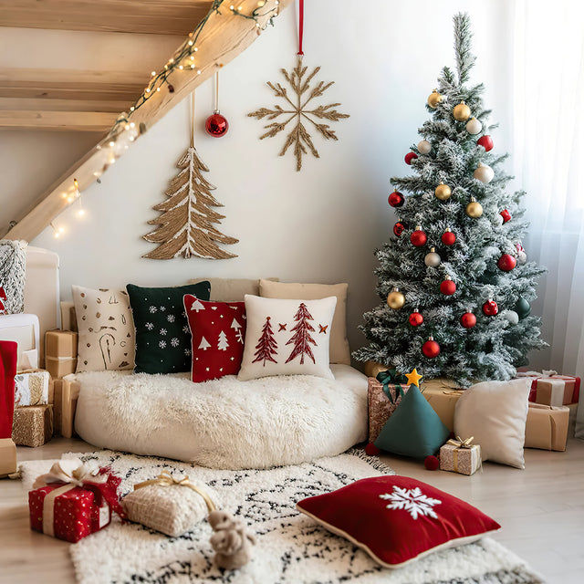 Christmas Triangular Shaped Throw Pillow with Pom Poms Besides The Christmas Tree 081443