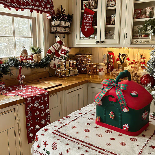 Christmas home-shaped storage gift box in kitchen