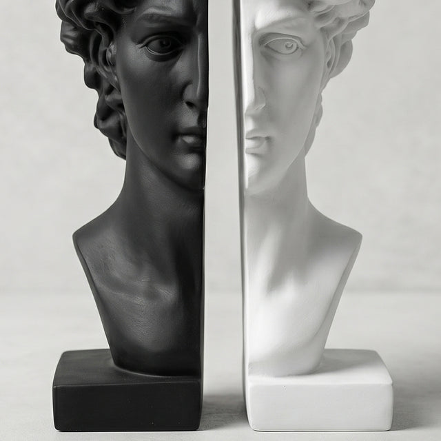 Closeup black white greek head bookends