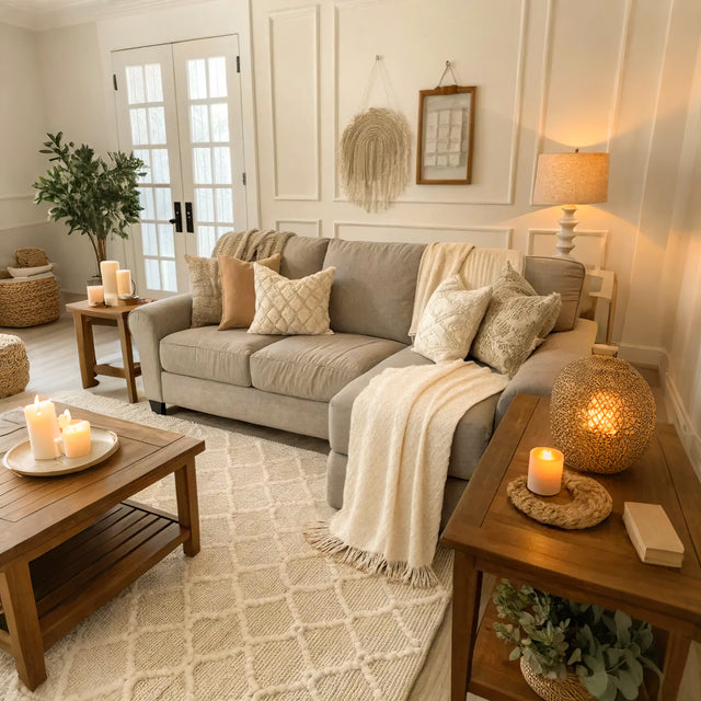 Comfortable Premium Textured Knit Blanket Beige in the Living Room