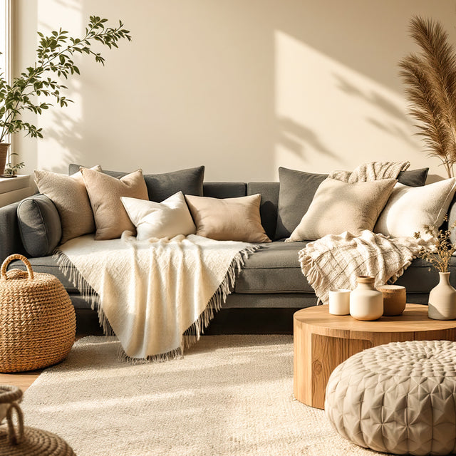 Comfortable Premium Textured Knit Blanket Beige in the Living Room