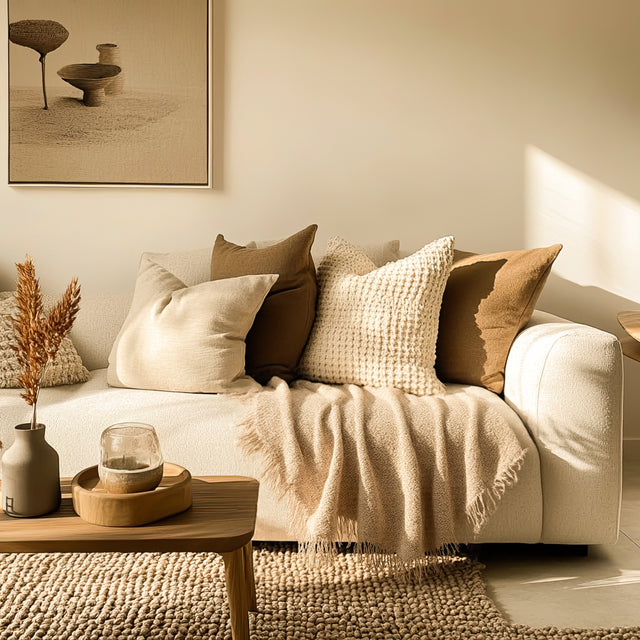 Comfortable Premium Textured Knit Blanket Khaki on the Sofa