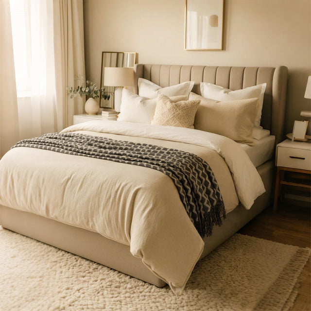 Comfortable Premium Textured Knit Blanket Navy Blue on the Bed