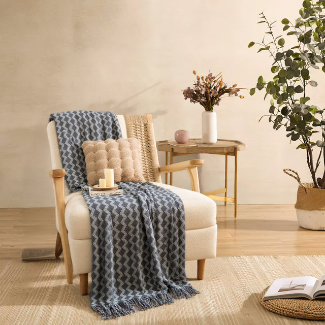Comfortable Premium Textured Knit Blanket Navy Blue on the Chair