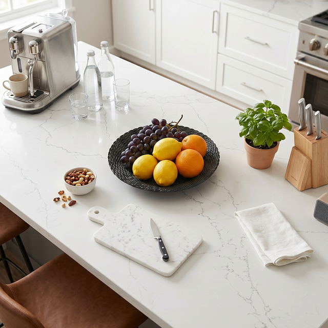 Decor fruit platter on white kitchen counter