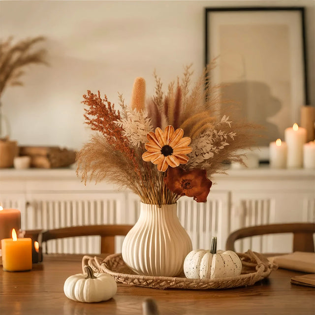 Decorative Natural Dried Flower Bouquet with Pampas Grass In The Round Vase With Ridges 091043