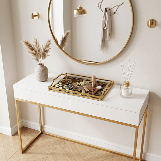 Decorative tray on white console table