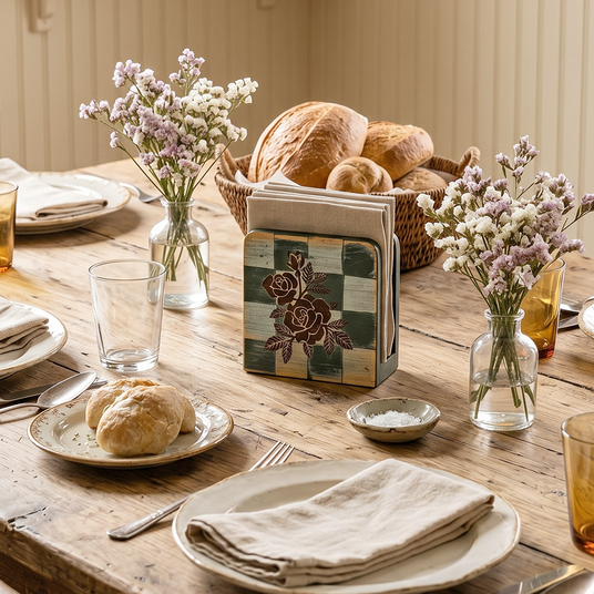 Dining table decor with floral napkin rack