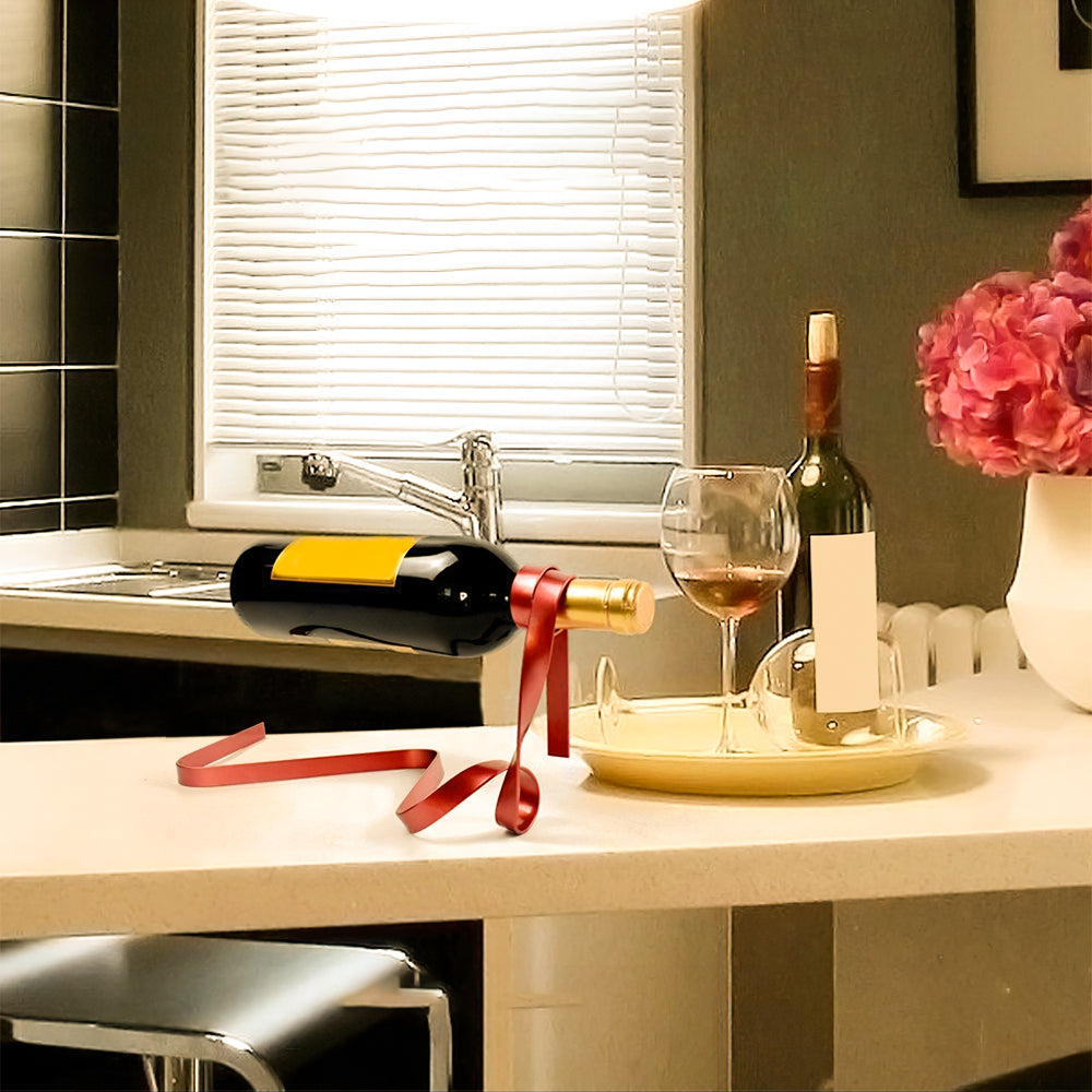 Elegant Floating Metal Ribbon Wine Rack Creative Balancing Sculpture for Modern Home Office Decor On The Kitchen Countertop 090928