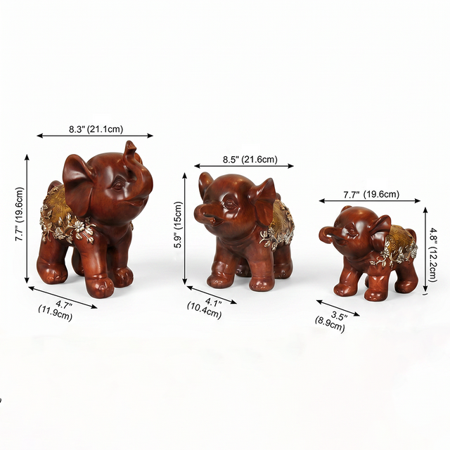 Set of 3 Resin Elephant Figurines – Rosewood Finish, Gold & Silver Embossed Floral Saddles, Lucky Elephant Statues for Mantel Shelf Home Decor