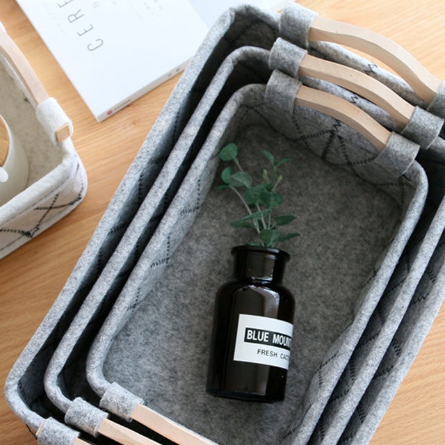 Felt Fabric Wooden Handle Desktop Organizer Basket Detail