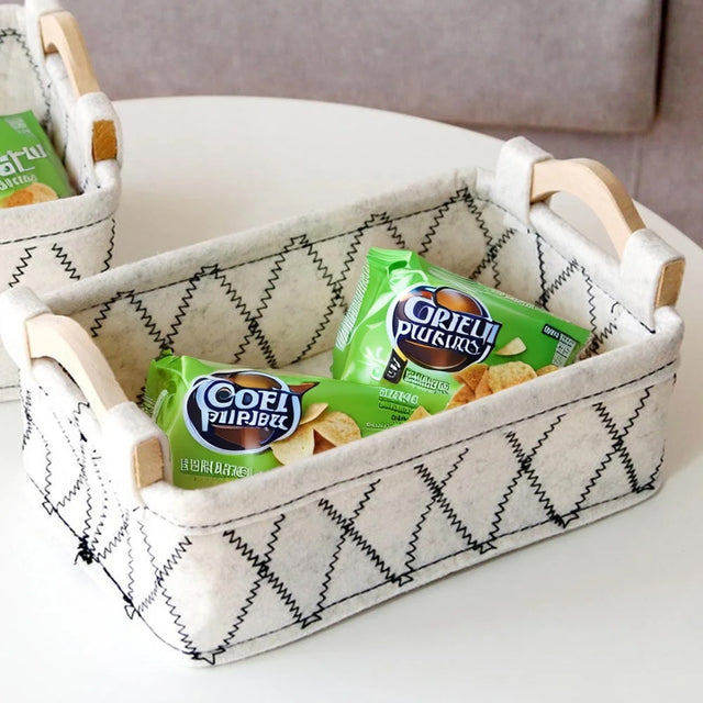 Felt Fabric Wooden Handle Desktop Organizer Basket Detail