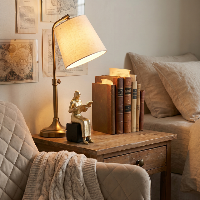 Golden Reader Sculpture – Polyresin Abstract Figurine, Antique Gold Finish & Black Base, Home Office Bookshelf Décor, Reading Nook Accent