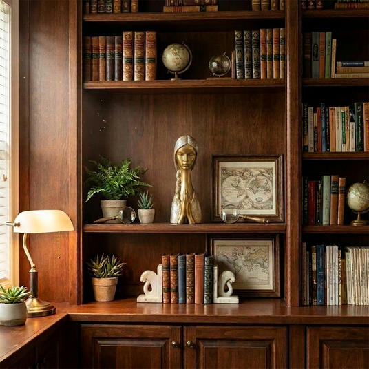 Figurine on vintage wood bookcase