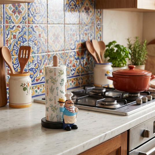 Figurine paper holder on tiled stove counter