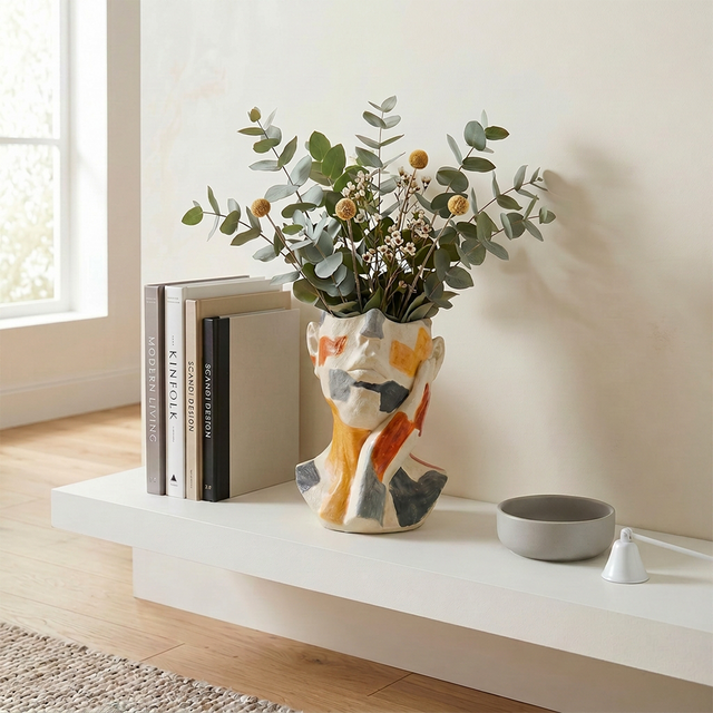 Abstract Face Vase – Resin Human Bust Sculpture & Flower Vase, Boho Home Décor for Shelf, Mantle & Dining Table | Unique Art Lover Gift, 10.4" Tall