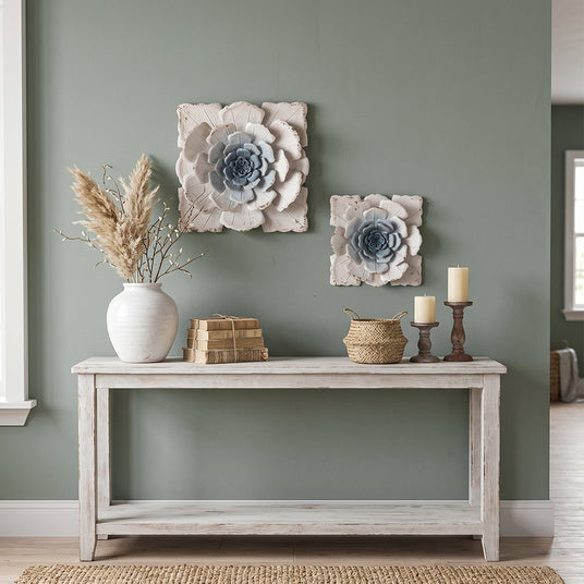 Flower wall art behind console