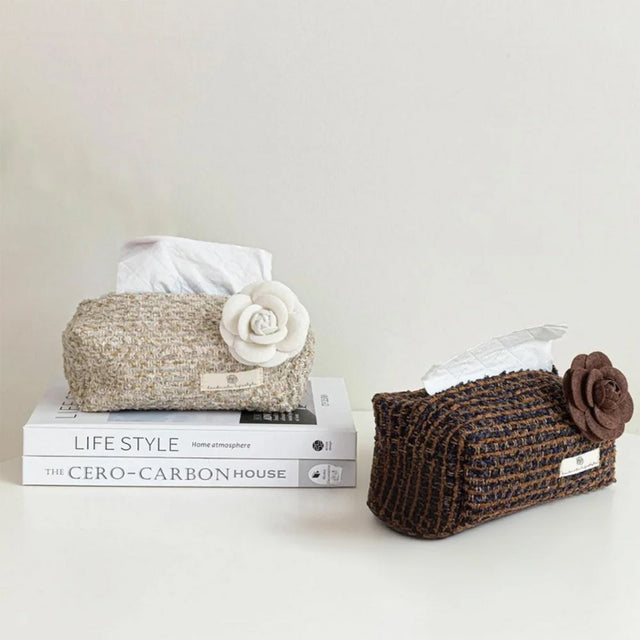 French Luxury Camellia-Adorned Woven Pattern Tabletop Tissue Holder Collection