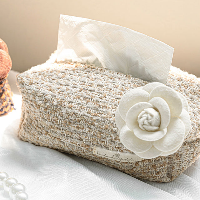 French Luxury Camellia-Adorned Woven Pattern Tabletop Tissue Holder Detail