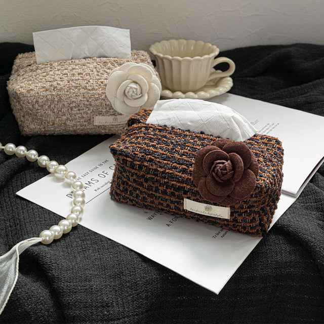 French Luxury Camellia-Adorned Woven Pattern Tabletop Tissue Holder Detail
