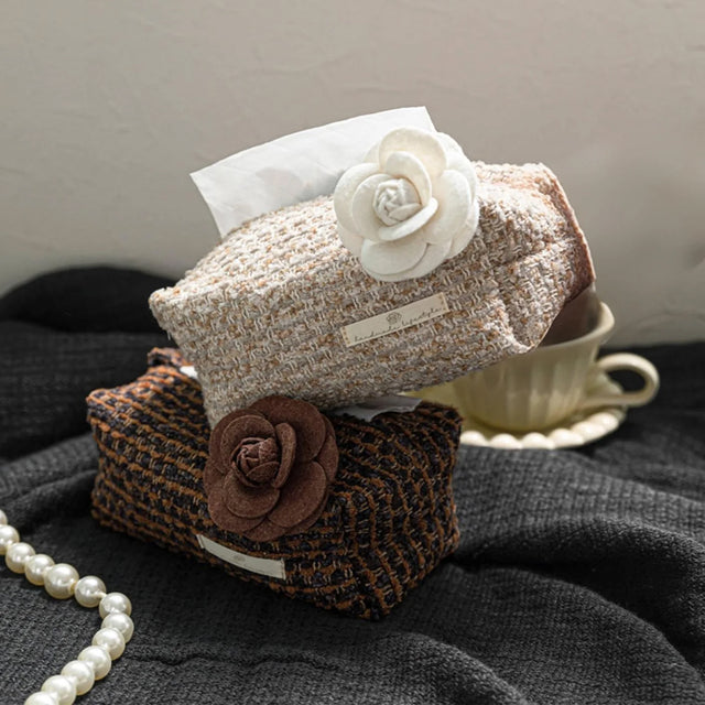 French Luxury Camellia-Adorned Woven Pattern Tabletop Tissue Holder Detail