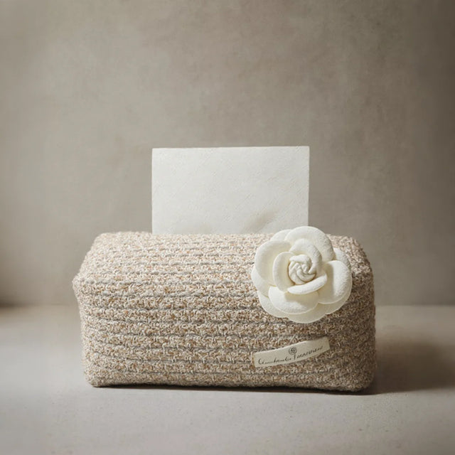French Luxury Camellia-Adorned Woven Pattern Tabletop Tissue Holder White
