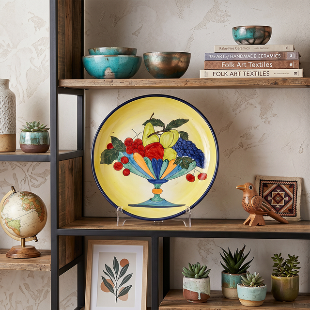 Hand-Painted Ceramic Decorative Plate — Large 14.8" Fruit Compote Scene on Yellow Ground, Terracotta Charger for Wall Décor or Table Display