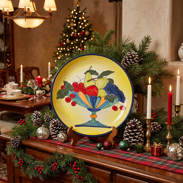 Hand-Painted Ceramic Decorative Plate — Large 14.8" Fruit Compote Scene on Yellow Ground, Terracotta Charger for Wall Décor or Table Display