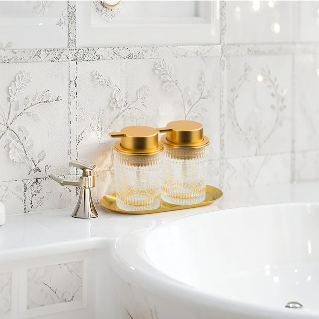 Glass Bathroom Dispenser Set on the table