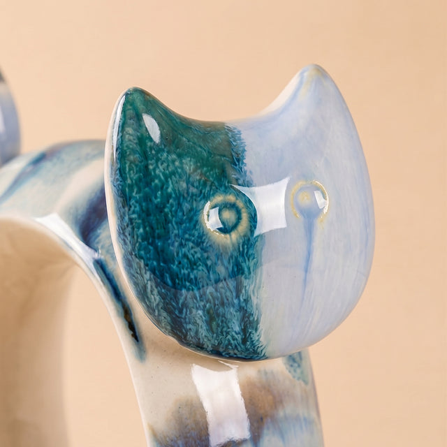 Hand-Painted Ceramic Cat Figurine, Abstract Blue & Ivory Drip-Glaze Sculpture, Modern Decorative Accent for Bookshelf, Console & Mantel