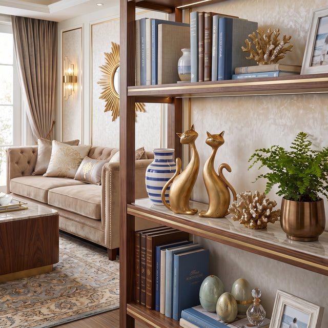 Gold Cat Sculptures On Display Shelf