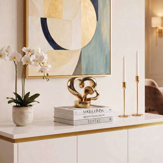 Gold Heart Sculpture On White Console