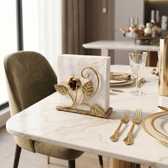 Gold Rose Napkin Holder On Marble Table