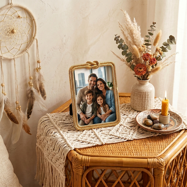 Gold Rope Knot Picture Frame – Decorative Twisted Metal Photo Frame, Antique Gold Finish, Fits 4×6 or 5×7 Photos, Tabletop Display with Easel Back