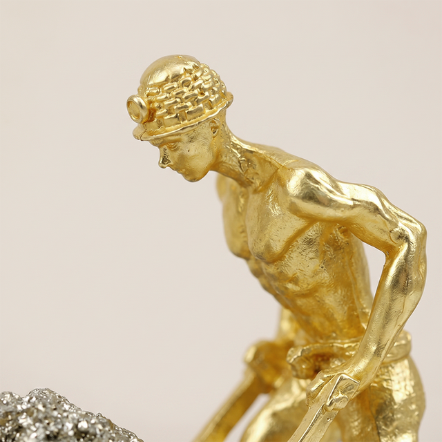 Gold Miner Figurine Desk Sculpture with Raw Pyrite Crystal — One-of-a-Kind Collectible Statue for Home Office, Bookshelf & Mantel | Unique Gift Idea