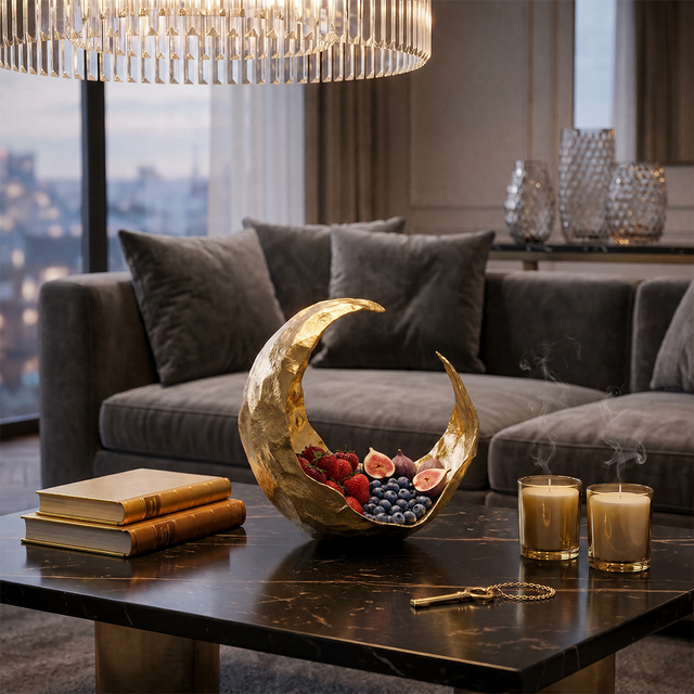 Gold Crescent Moon Decorative Bowl — Hammered Resin Fruit Bowl & Sculptural Centerpiece for Living Room, Console & Coffee Table