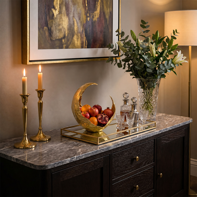 Gold Crescent Moon Decorative Bowl — Hammered Resin Fruit Bowl & Sculptural Centerpiece for Living Room, Console & Coffee Table