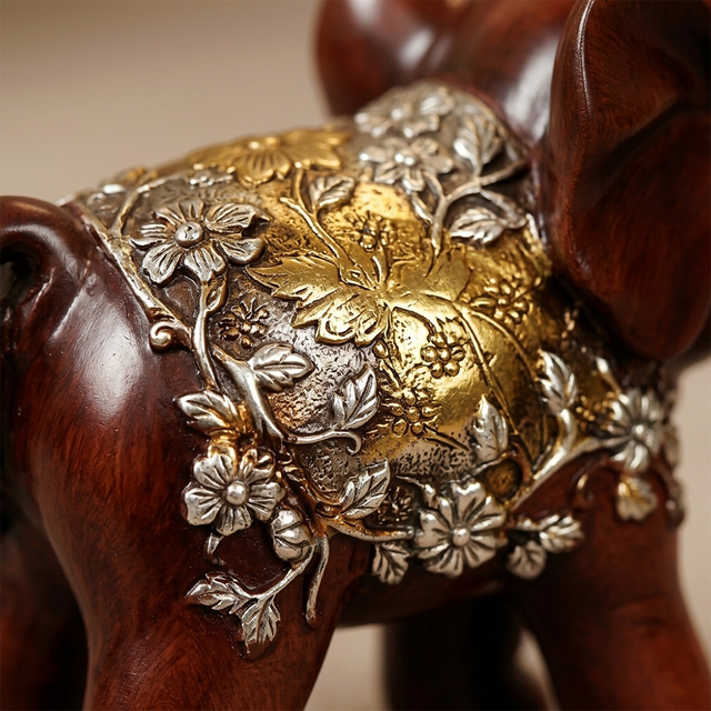 Set of 3 Resin Elephant Figurines – Rosewood Finish, Gold & Silver Embossed Floral Saddles, Lucky Elephant Statues for Mantel Shelf Home Decor