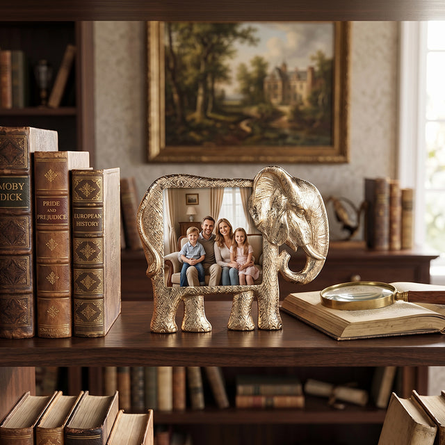 Golden frame on study bookcase